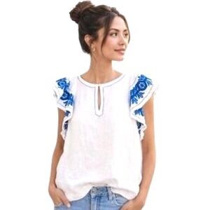 J. Crew • Linen Embroidered Flutter Sleeves Top || Medium